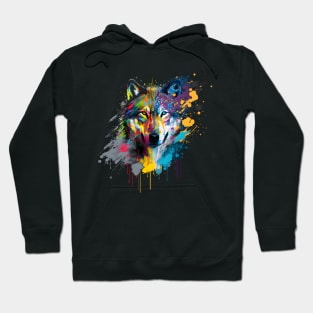 Wolf Abstract Artwork, Vibrant, Paint Splatter Hoodie